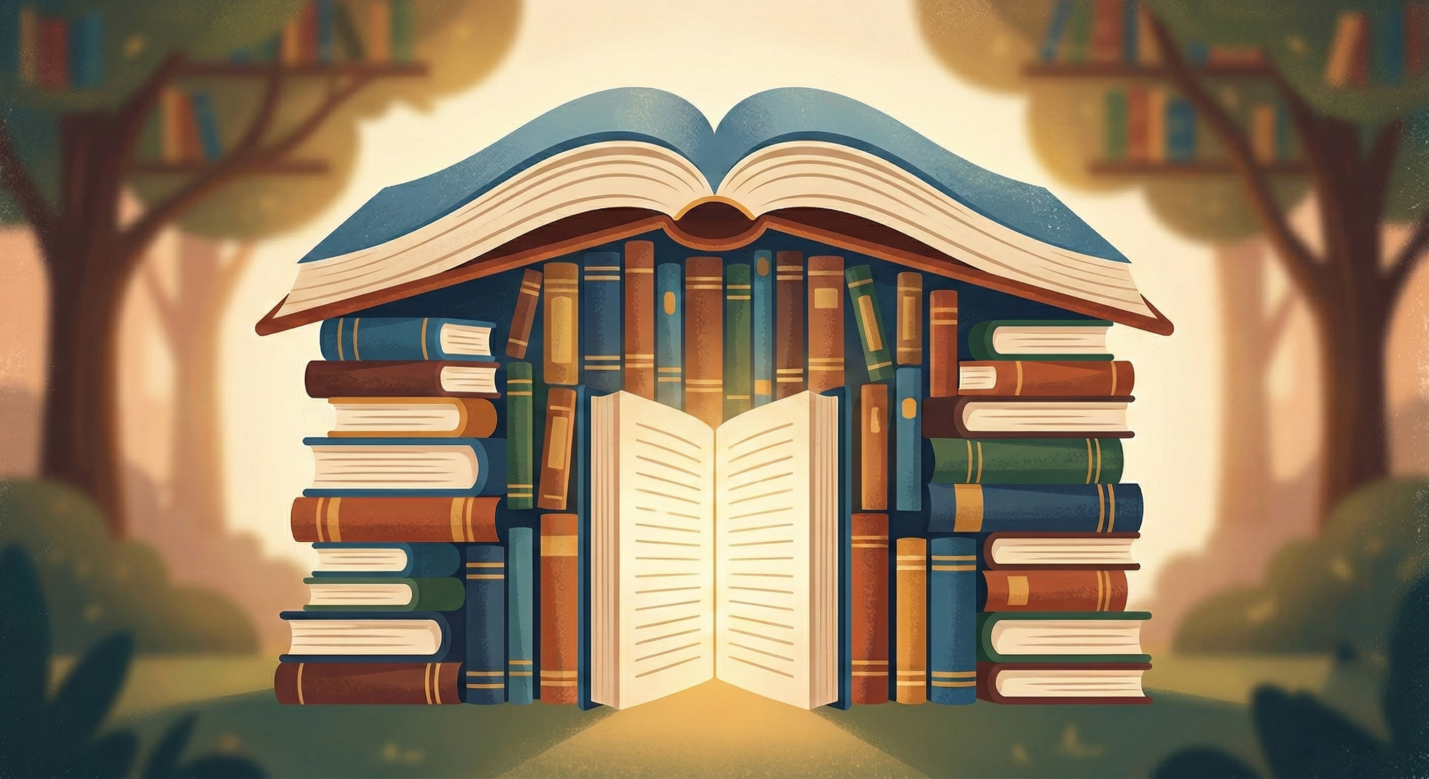 An illustration of books stacked to form an archway with an open book glowing at the center, surrounded by trees